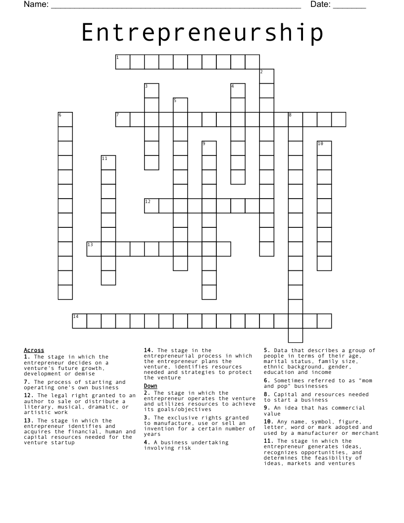 Entrepreneurship Crossword