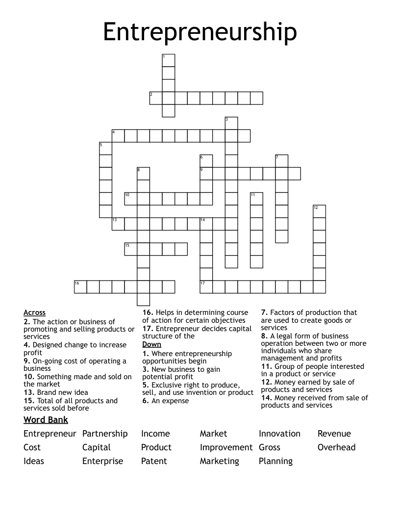 Entrepreneurship Crossword