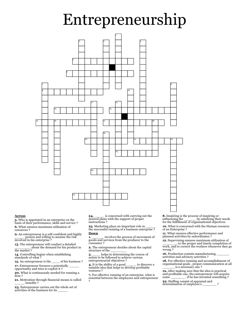 Entrepreneurship Crossword