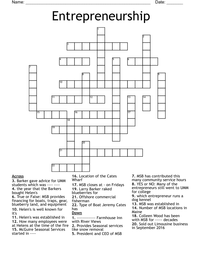 Entrepreneurship Crossword