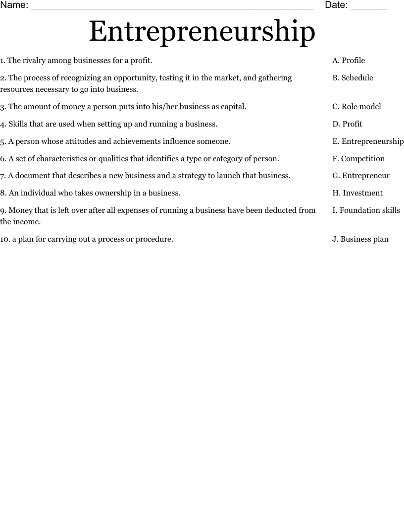 Entrepreneurship Worksheet