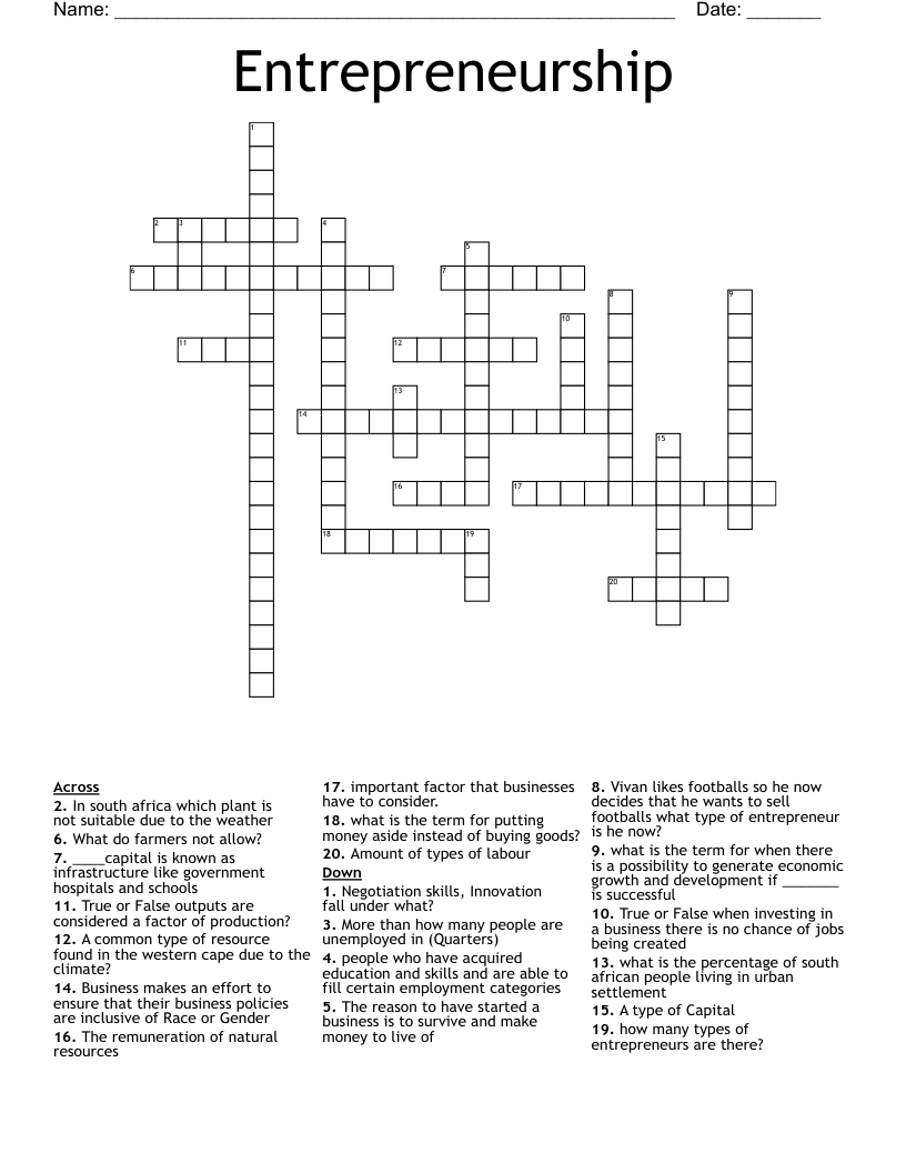 Entrepreneurship Crossword