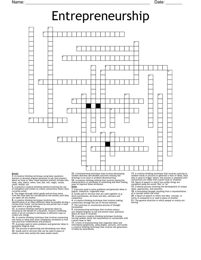 Entrepreneurship Crossword
