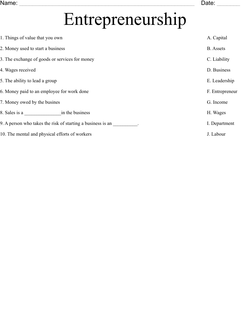 Entrepreneurship Worksheet