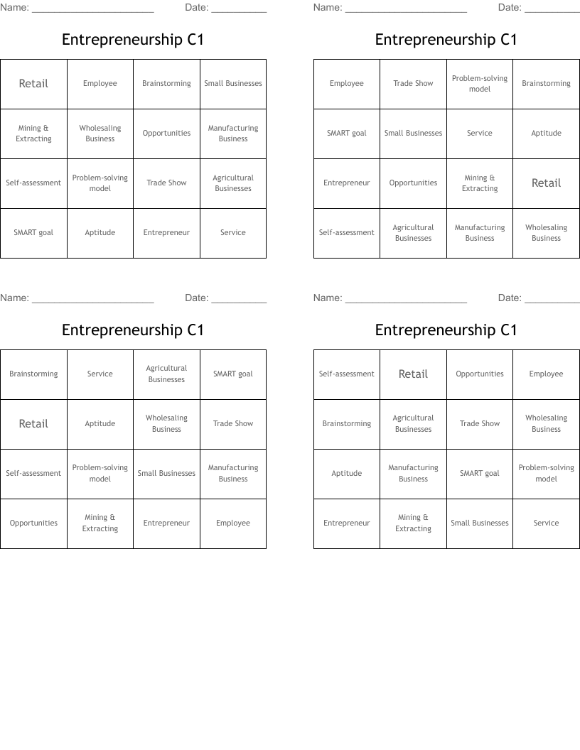 Entrepreneurship C1 Bingo Cards