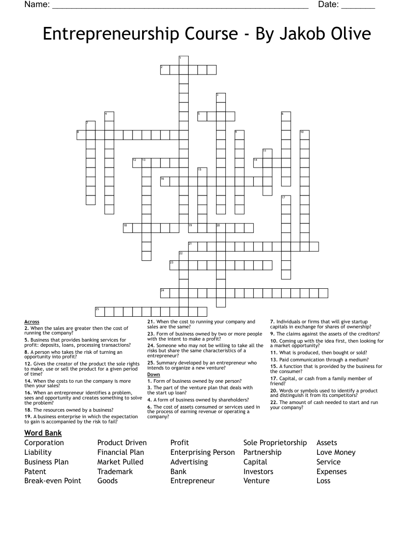 Entrepreneurship Course - By Jakob Olive Crossword