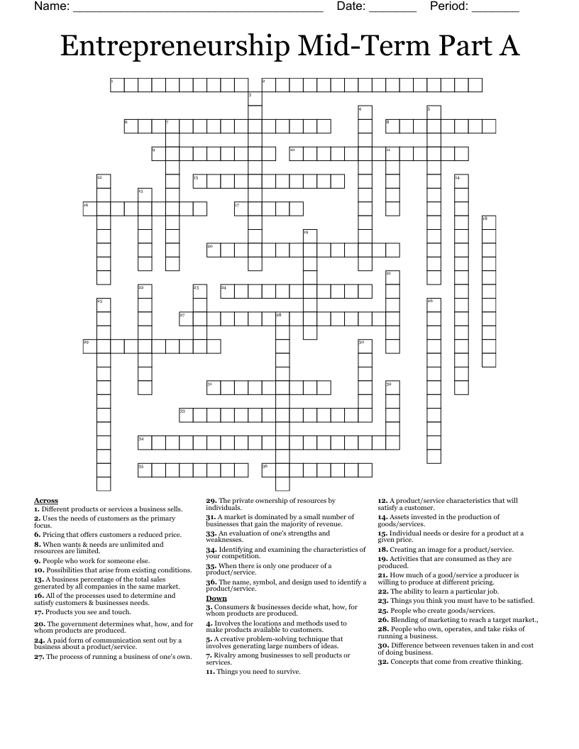 Entrepreneurship Mid-Term Part A Crossword