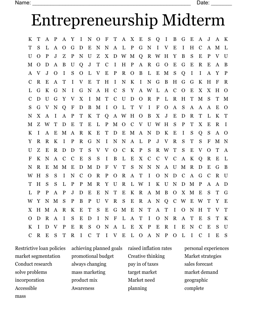 Entrepreneurship Midterm Word Search