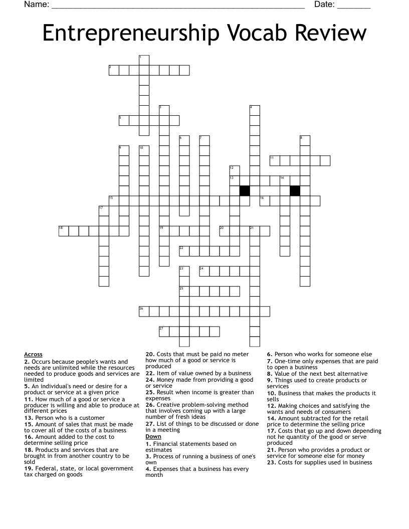 Entrepreneurship Vocab Review Crossword
