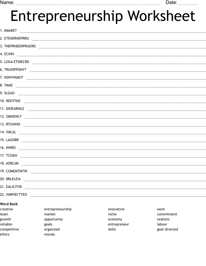 Entrepreneurship Worksheet Word Scramble