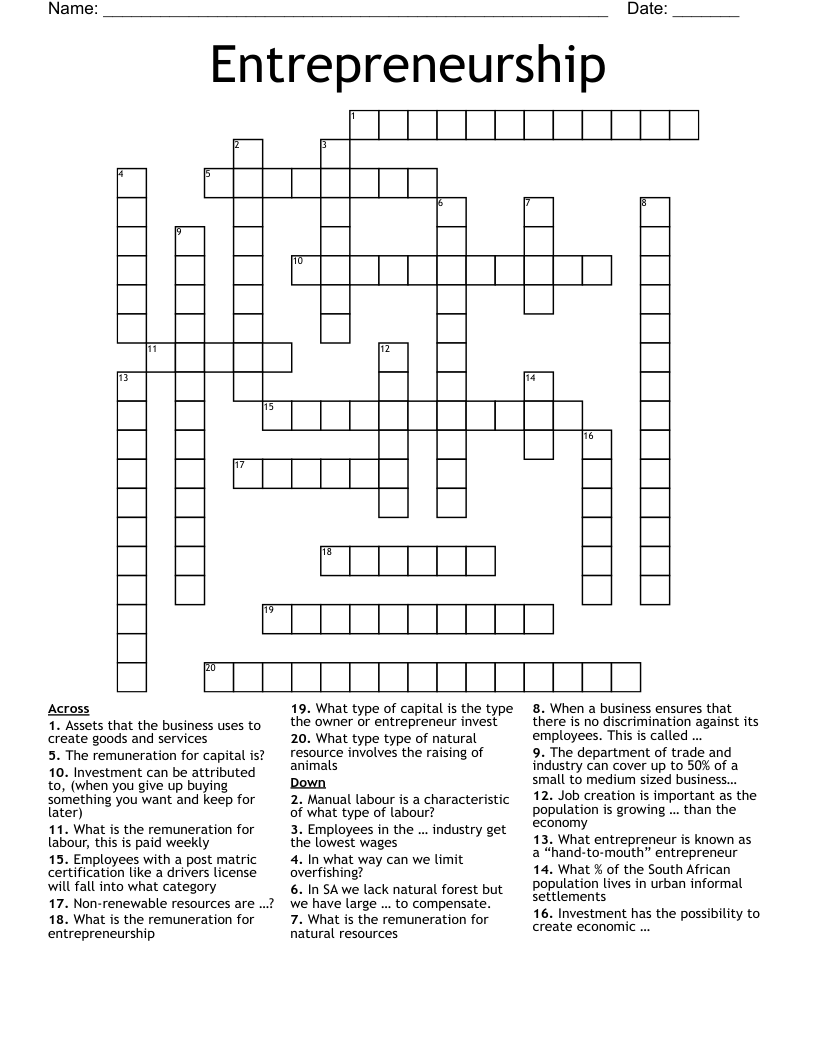 Entrepreneurship  Crossword