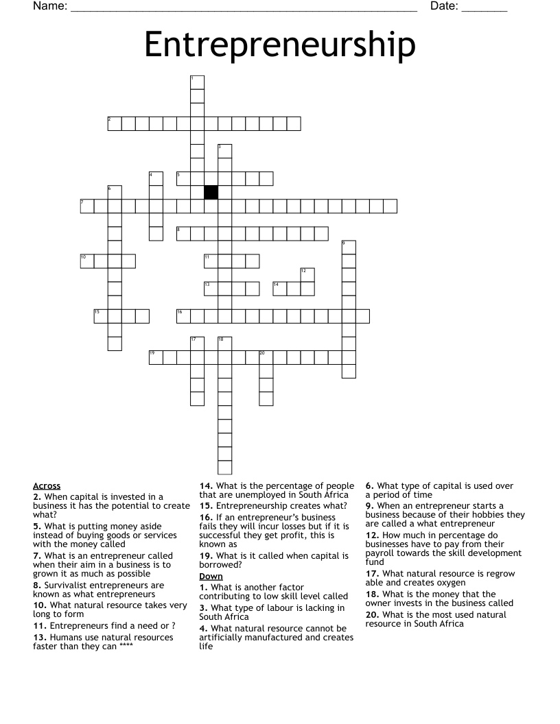 Entrepreneurship  Crossword