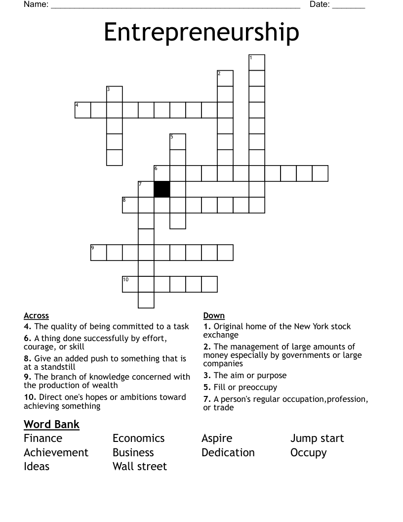Entrepreneurship  Crossword