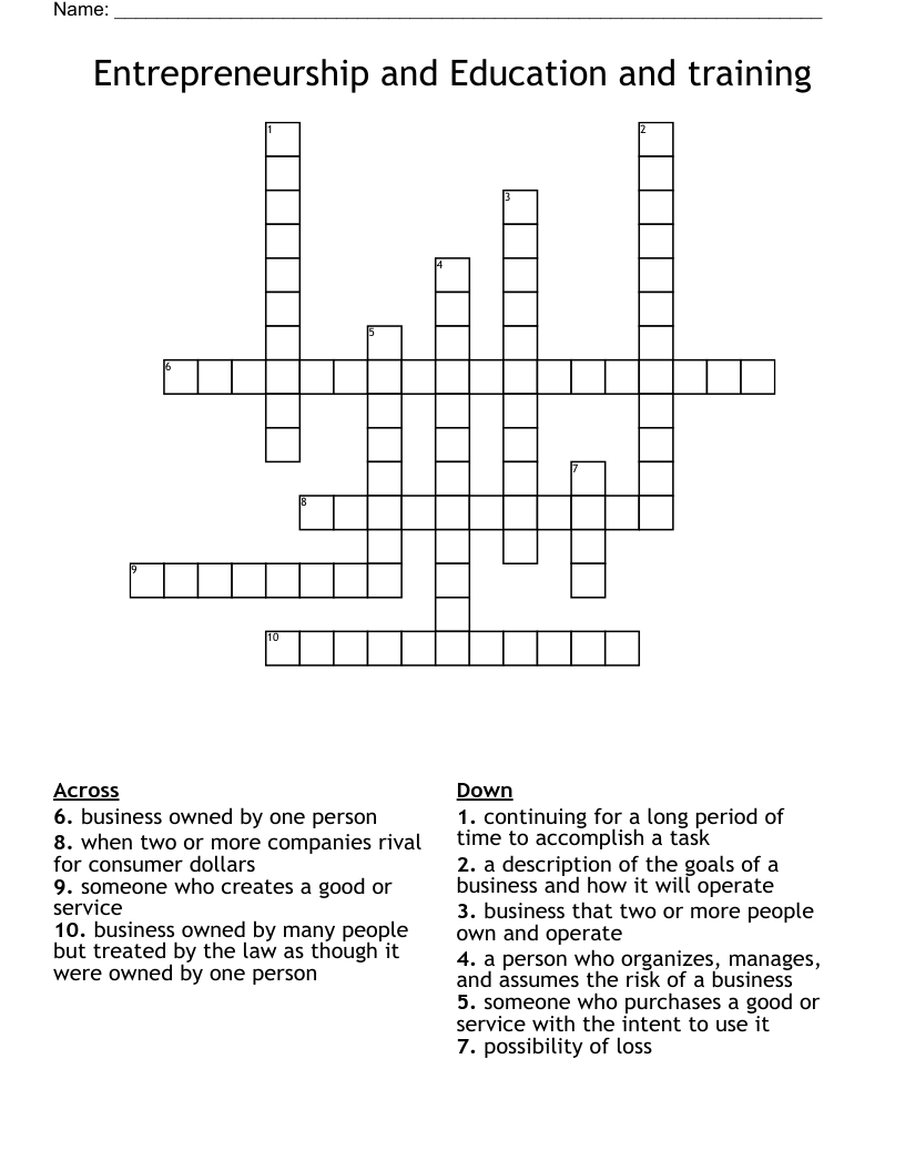 Entrepreneurship and Education and training Crossword