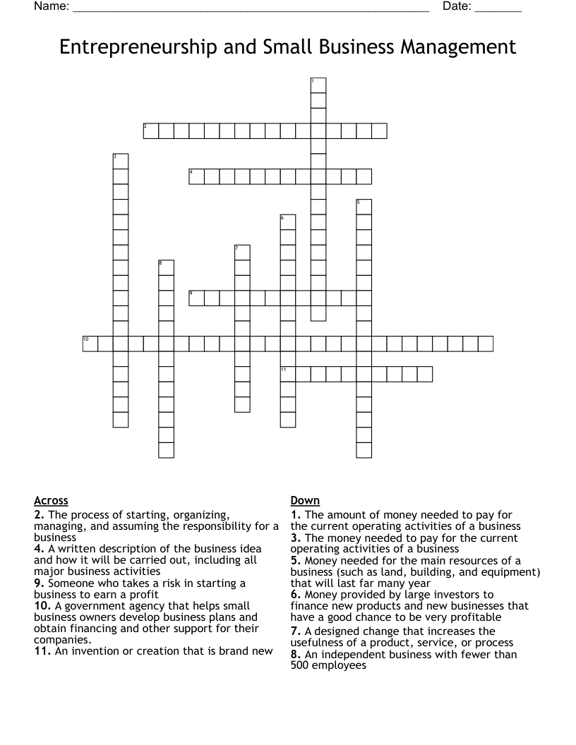 Entrepreneurship and Small Business Management Crossword
