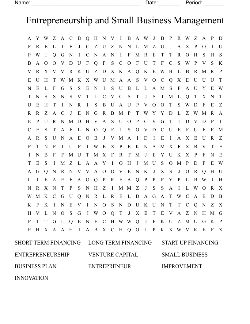 Entrepreneurship and Small Business Management Word Search