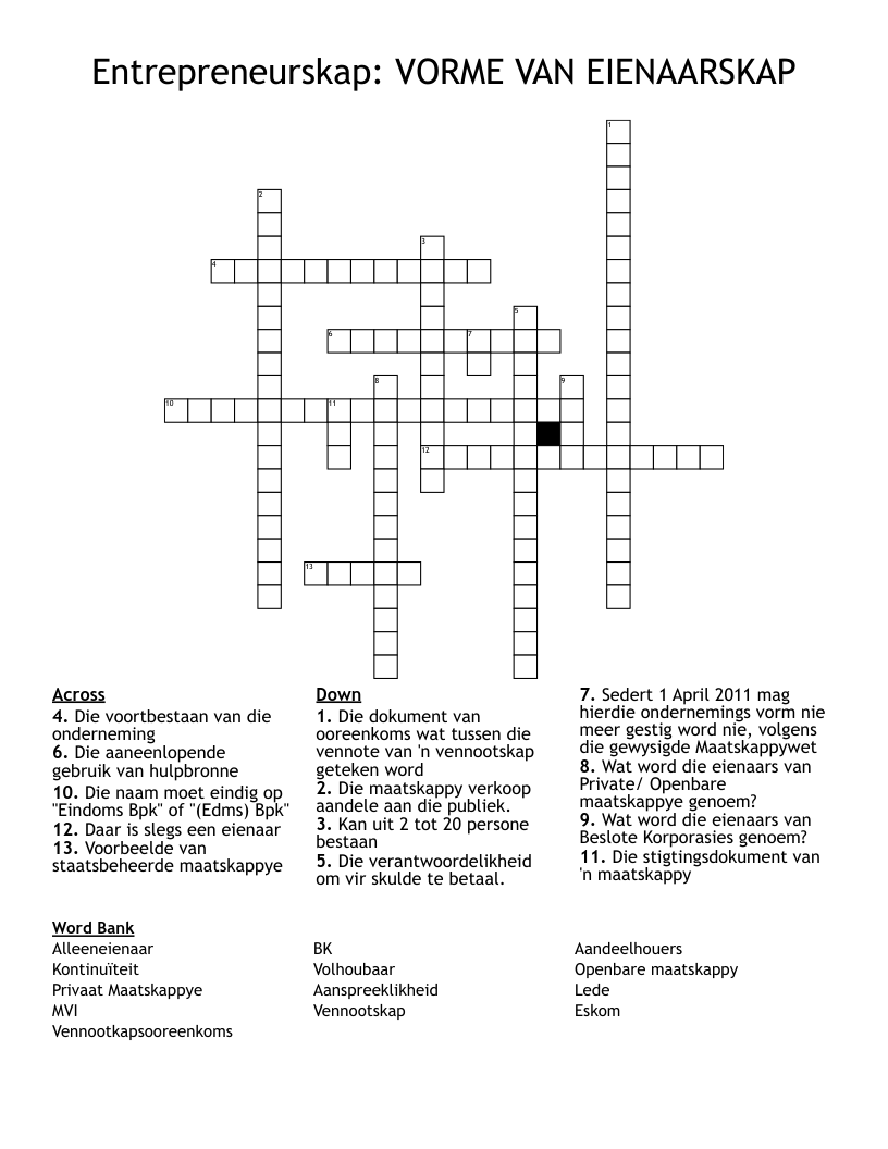 Entrepreneurskap: VORME VAN EIENAARSKAP Crossword