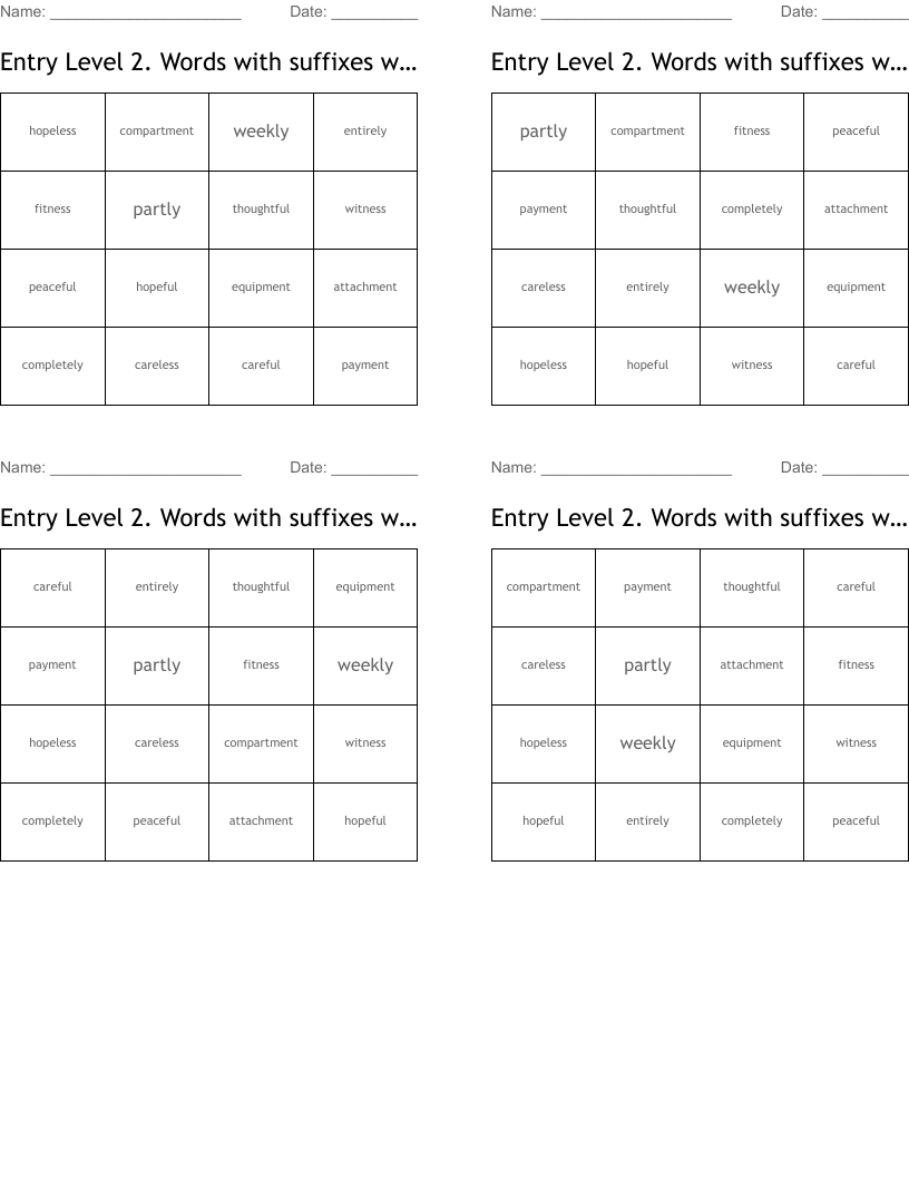 Entry Level 2. Words with suffixes where the root word remains unchanged Bingo Cards