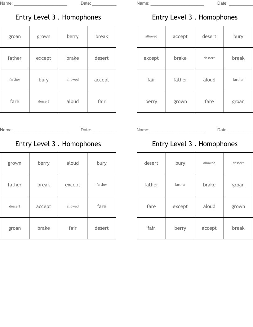 Entry Level 3 . Homophones Bingo Cards