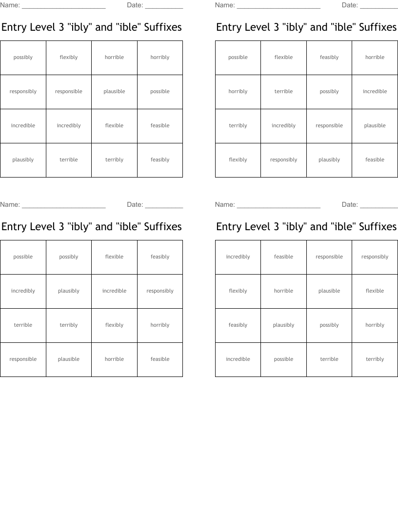 Entry Level 3 "ibly" and "ible" Suffixes Bingo Cards