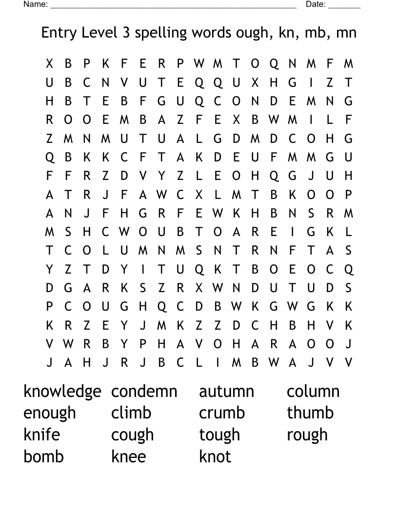 Entry Level 3 spelling words ough, kn, mb, mn Word Search