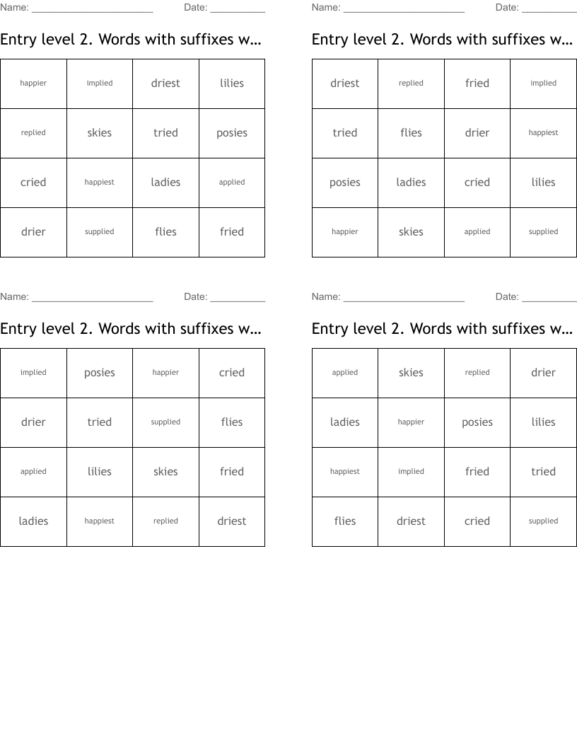 Entry level 2. Words with suffixes where "y" at the end of a root word is changed to "i" before adding a "suffix" beginning with a vowel but not before "ing" to avoid "ii" Bingo Cards