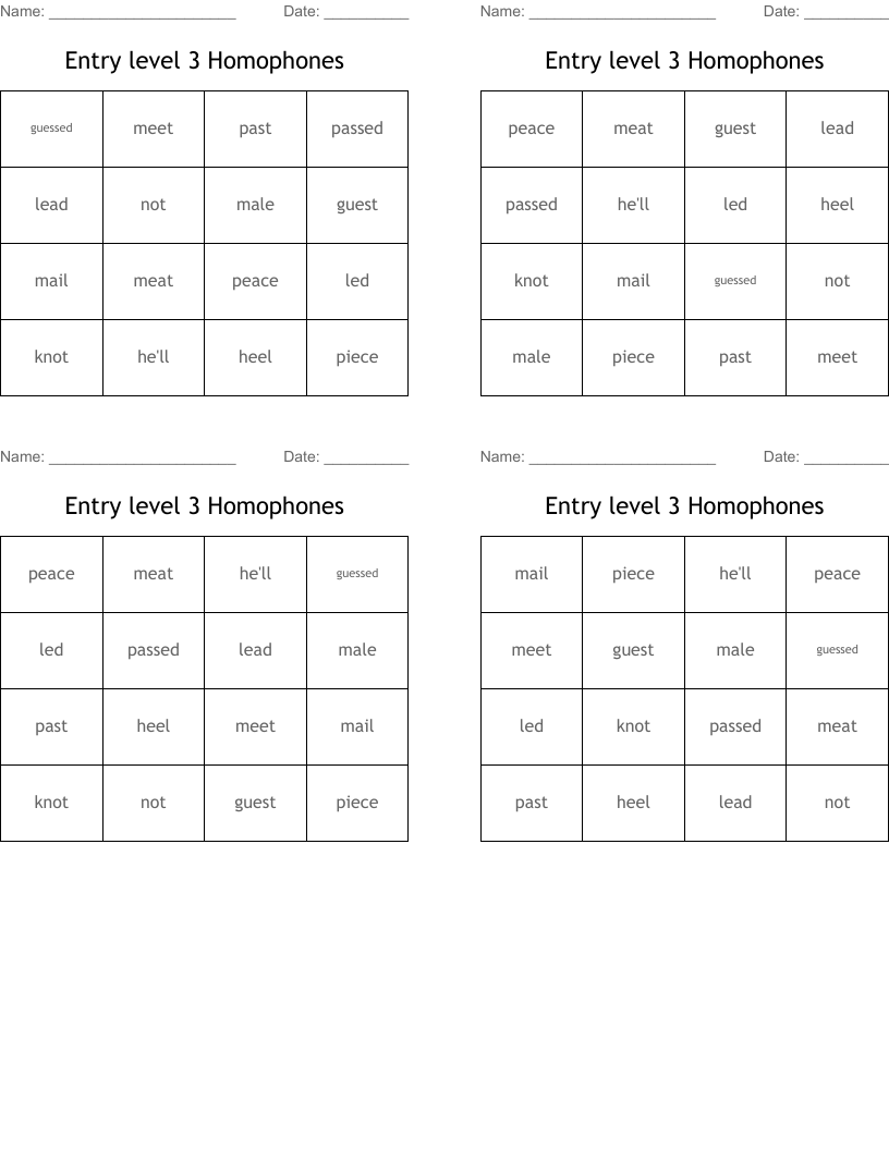 Entry level 3 Homophones Bingo Cards