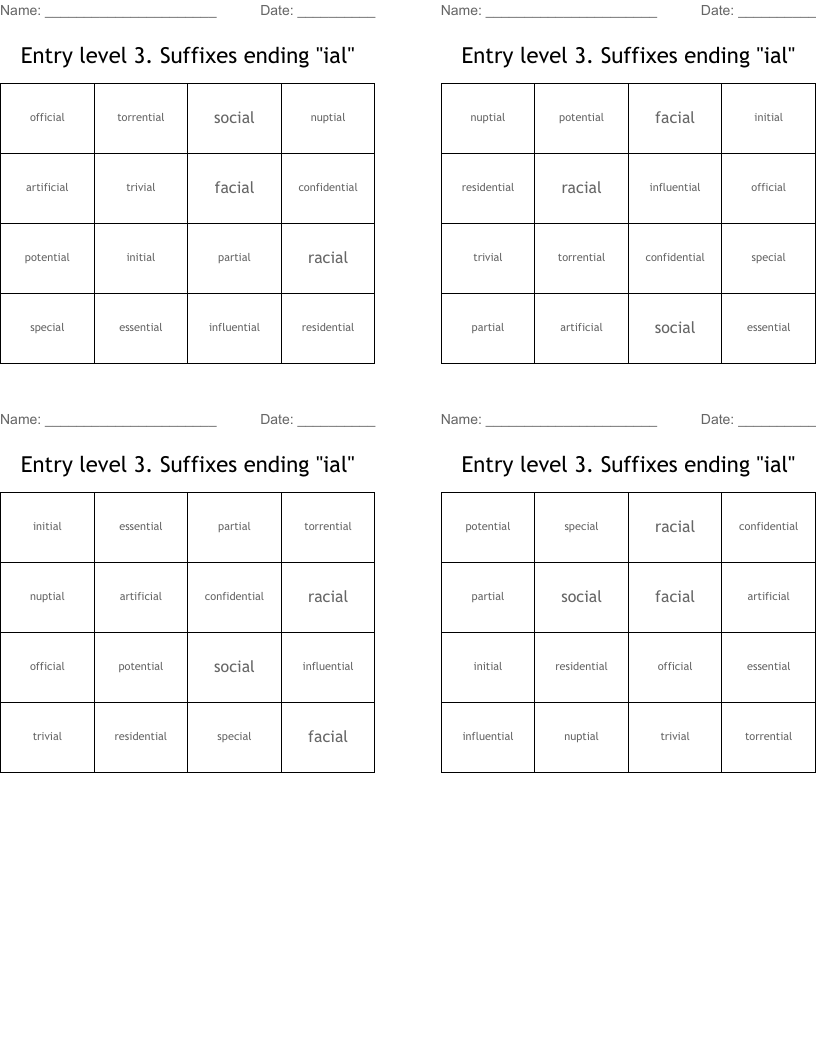 Entry level 3.  Suffixes ending "ial" Bingo Cards