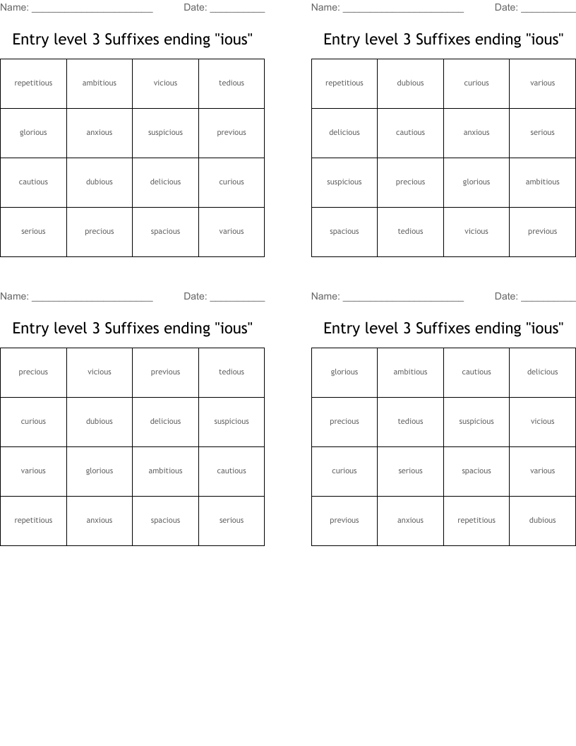 Entry level 3  Suffixes ending "ious" Bingo Cards