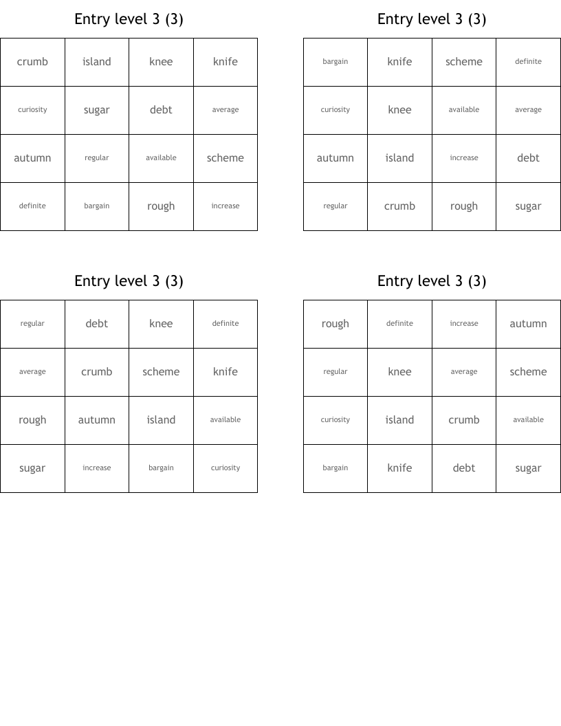 Entry level 3    (3)            Bingo Cards