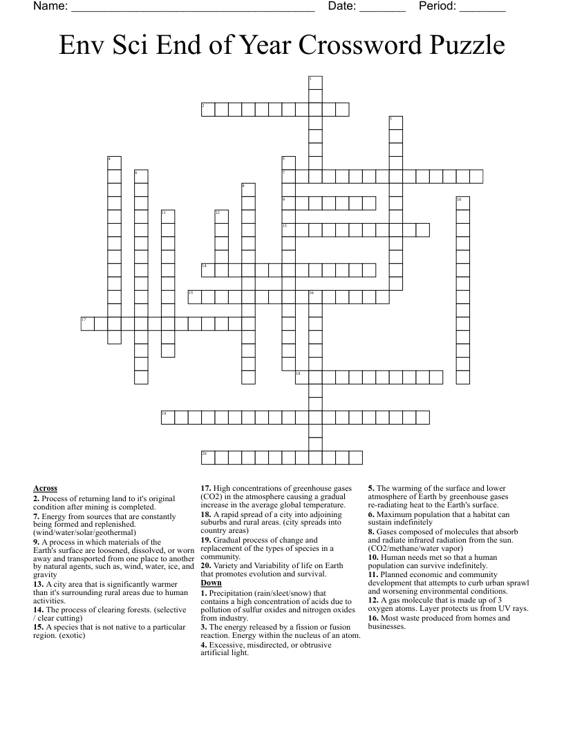 Env Sci End of Year Crossword Puzzle