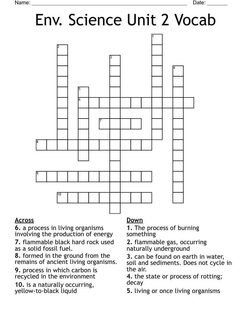 Env. Science Unit 2 Vocab Crossword