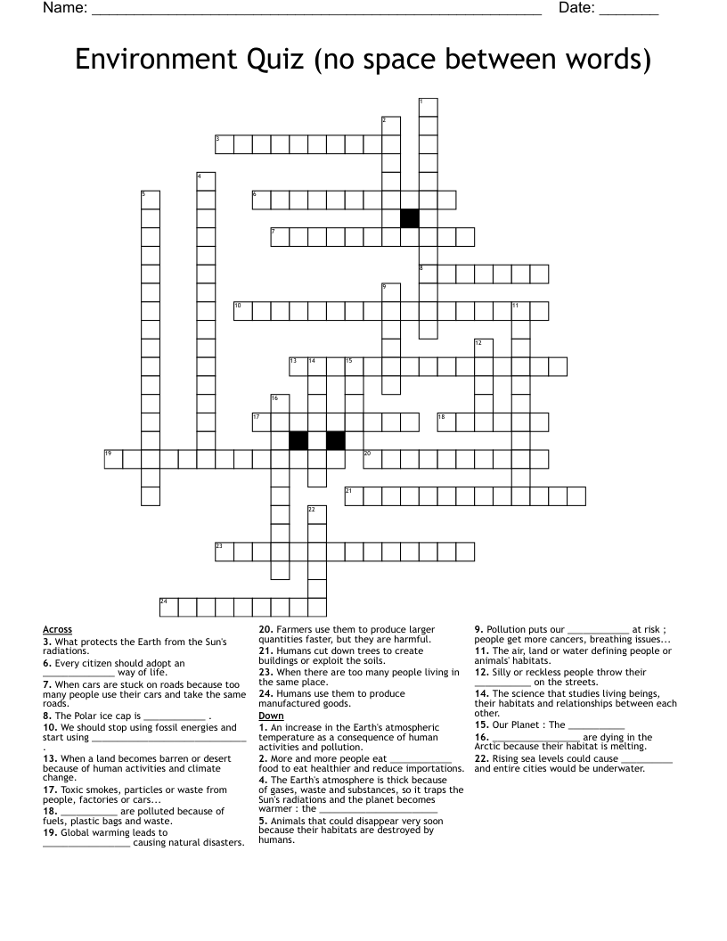 Environment Quiz (no space between words) Crossword