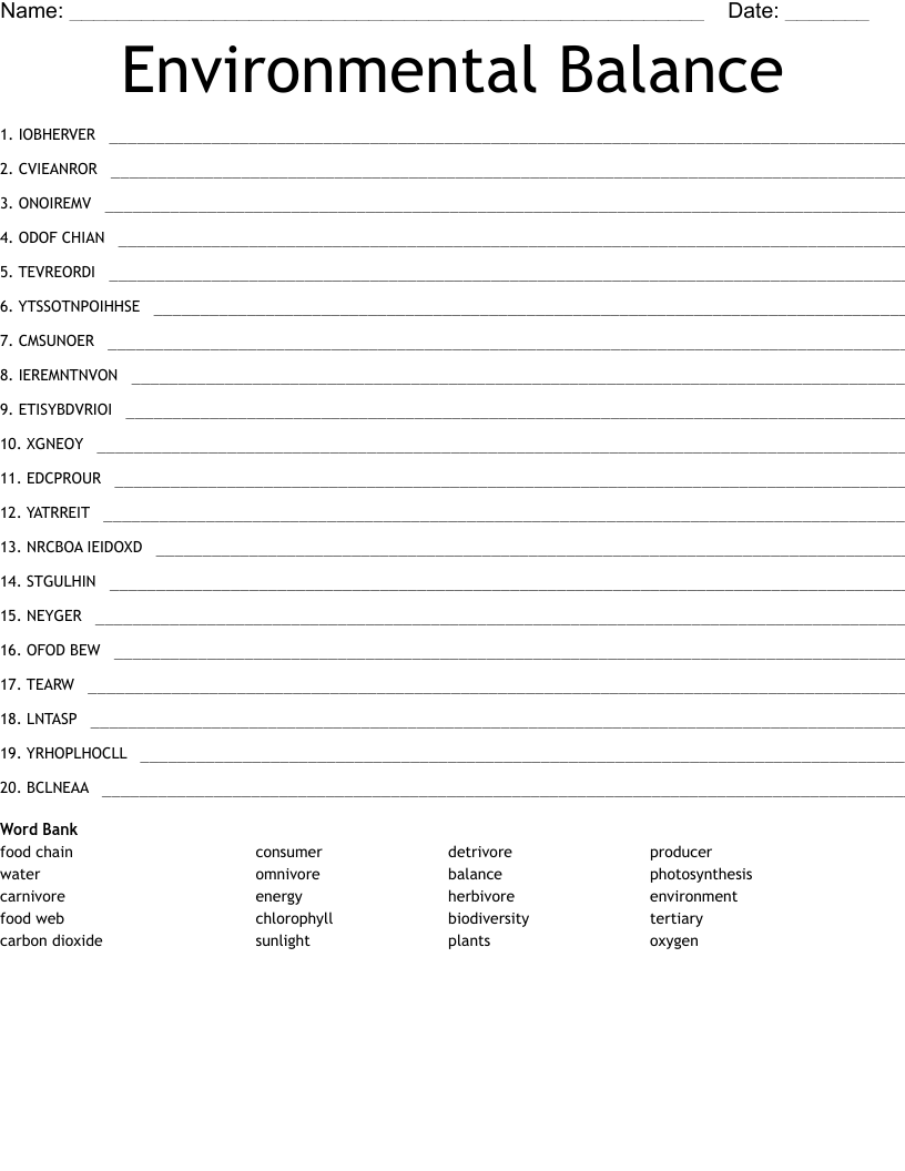 Environmental Balance Word Scramble