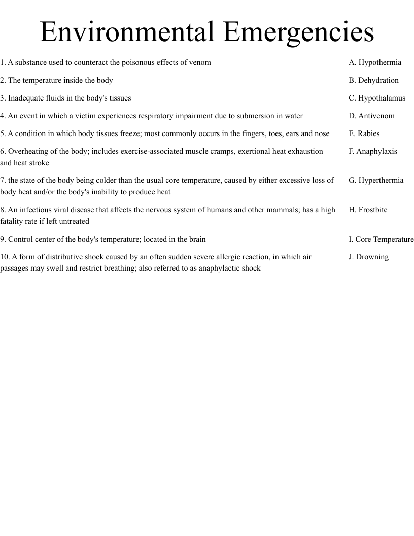 Environmental Emergencies  Worksheet
