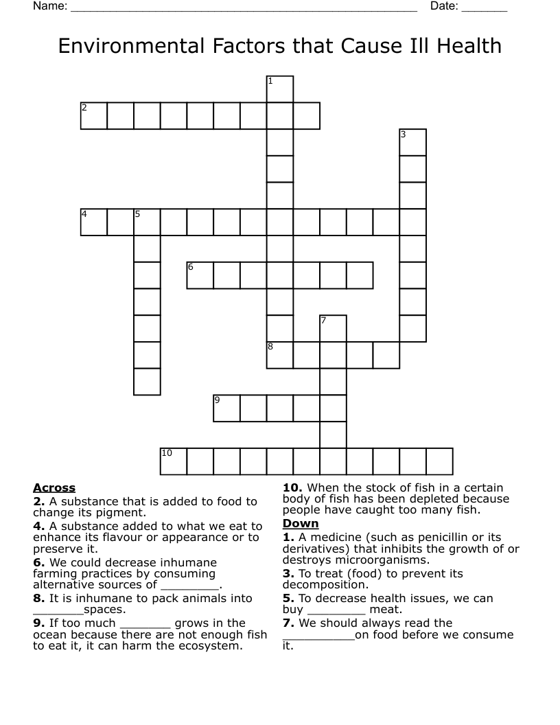 Environmental Factors that Cause Ill Health Crossword
