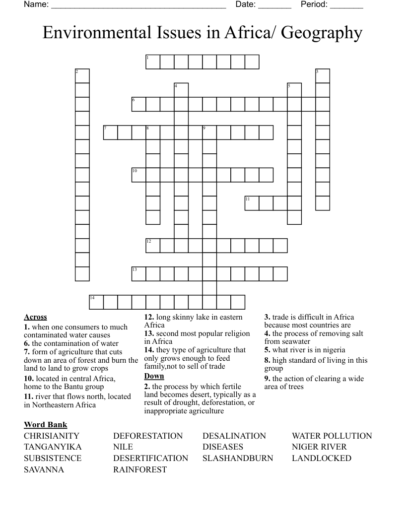 Environmental Issues in Africa/ Geography Crossword