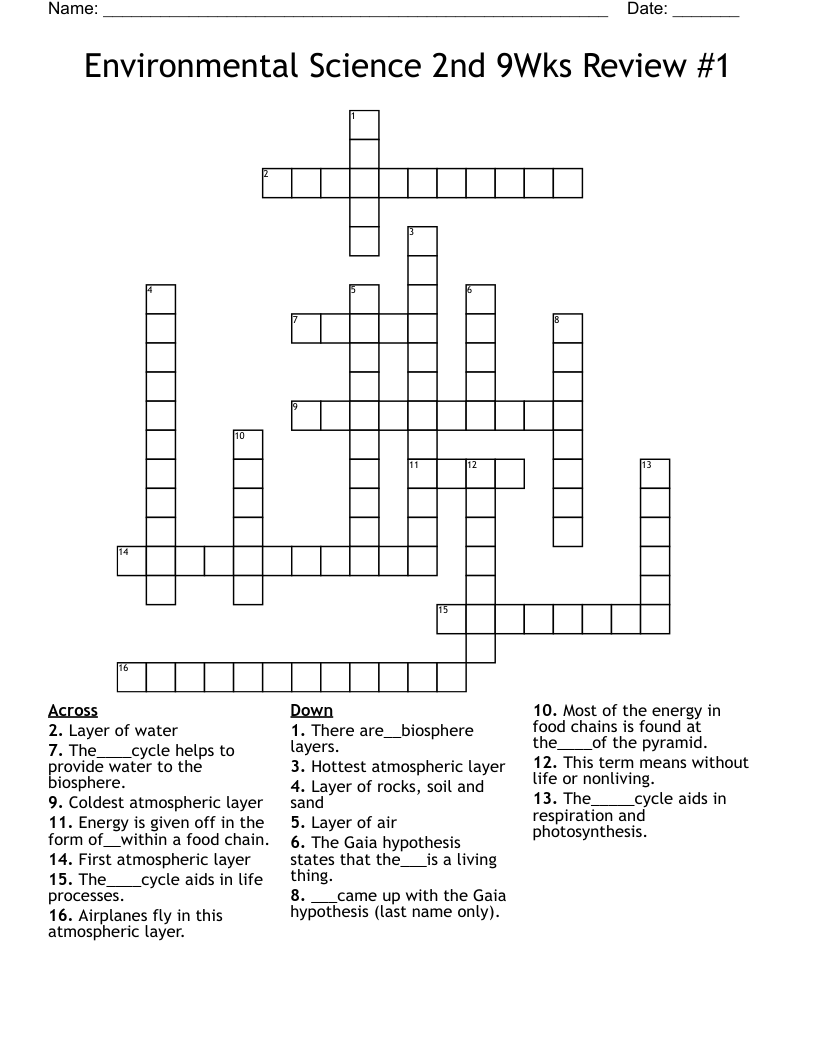 Environmental Science 2nd 9Wks Review #1 Crossword