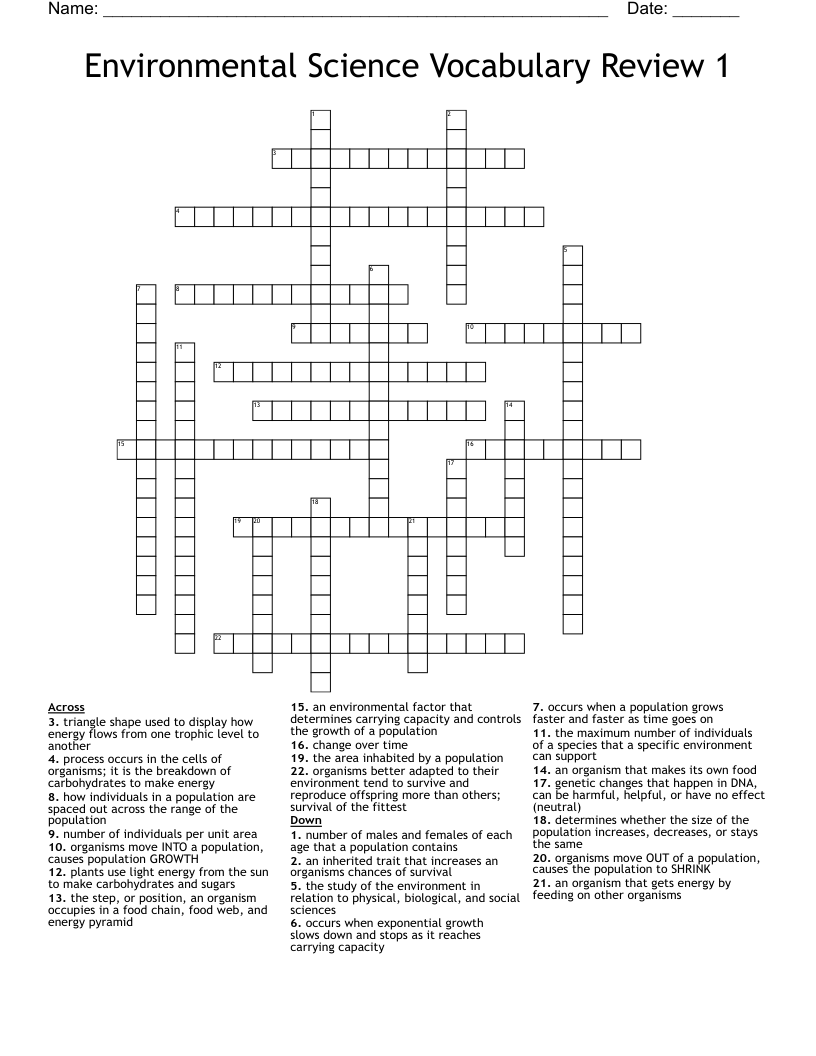 Environmental Science Vocabulary Review 1 Crossword