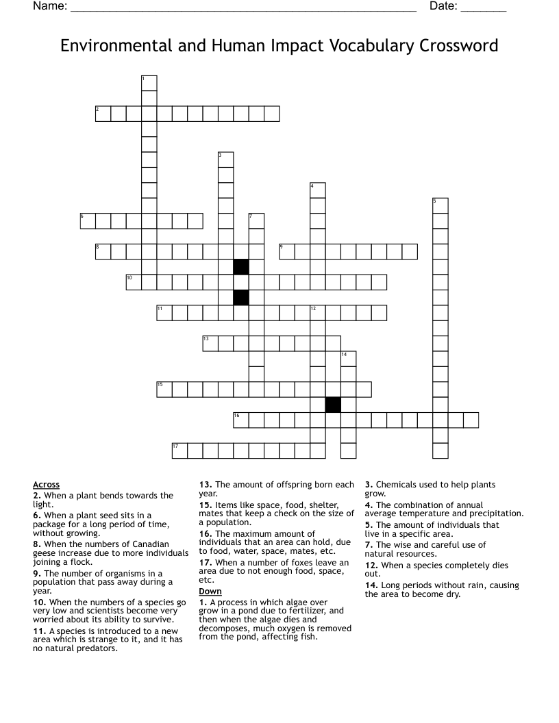 Environmental and Human Impact Vocabulary Crossword 