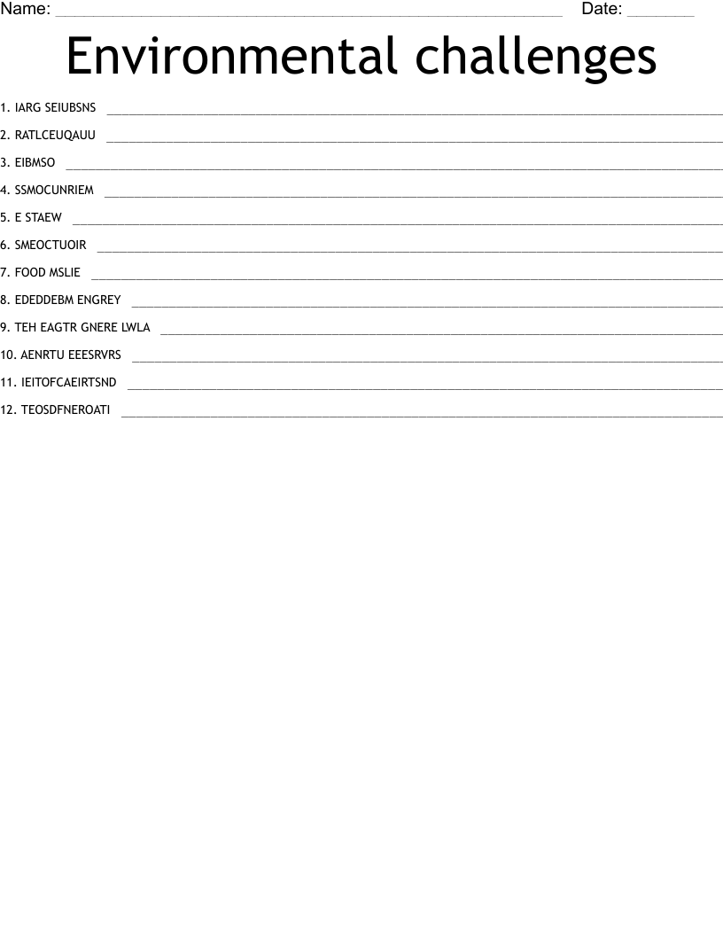 Environmental challenges Word Scramble
