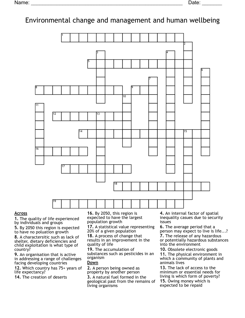 Environmental change and management and human wellbeing Crossword