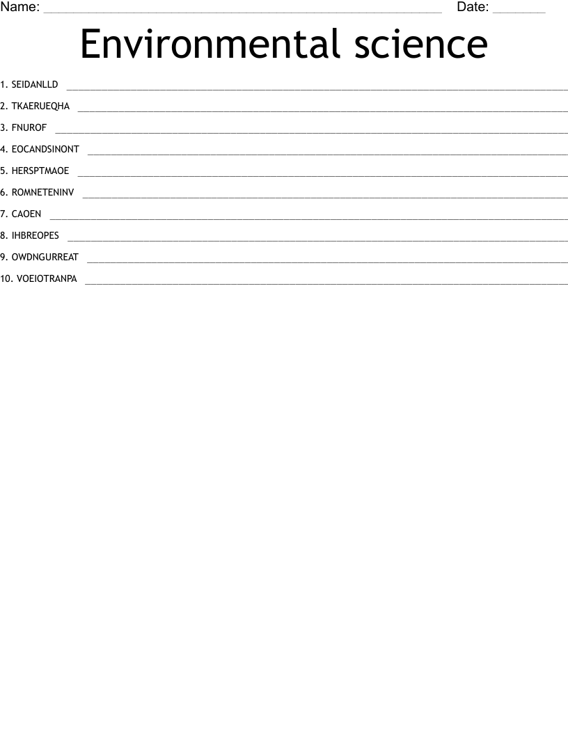 Environmental science  Word Scramble