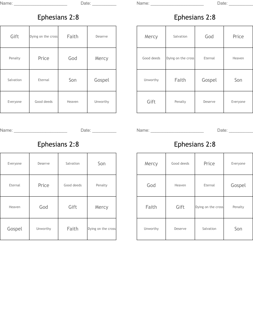 Ephesians 2:8 Bingo Cards