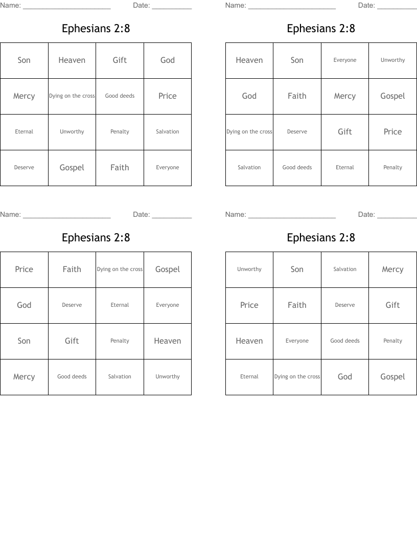 Ephesians 2:8  Bingo Cards