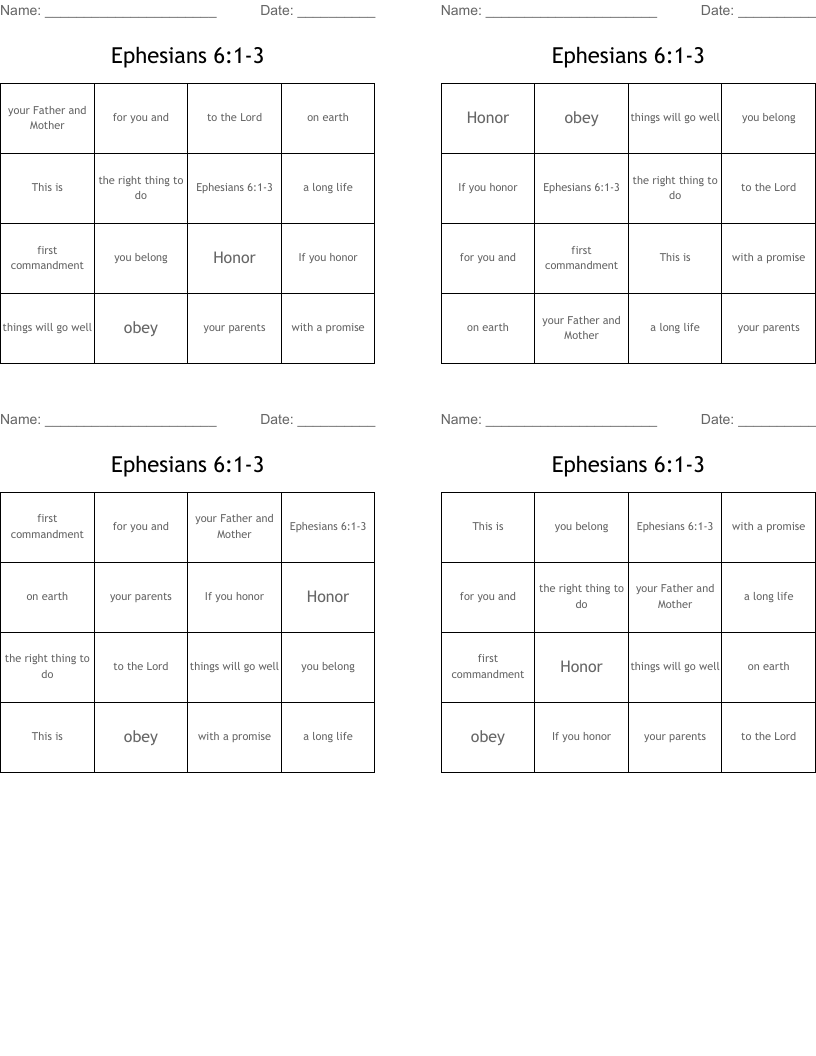 Ephesians 6:1-3 Bingo Cards