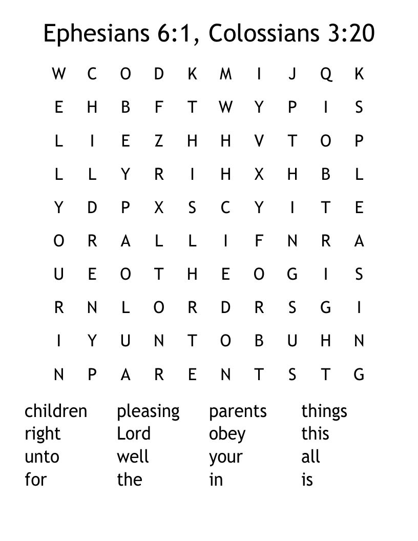 Ephesians 6:1, Colossians 3:20 Word Search