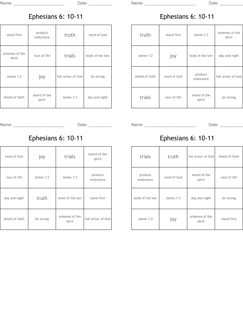 Ephesians 6: 10-11 Bingo Cards