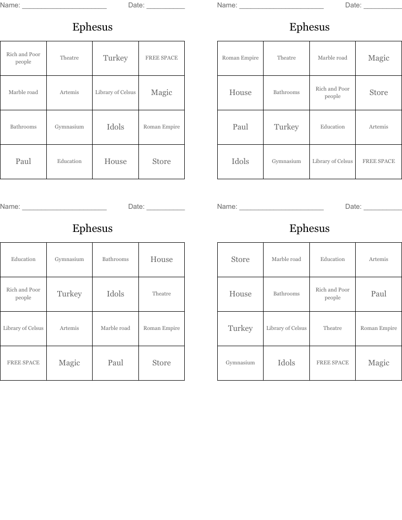 Ephesus Bingo Cards