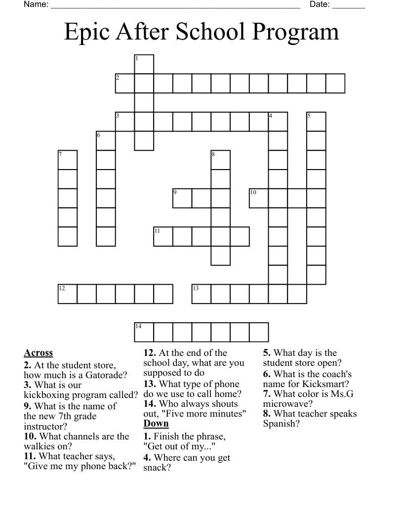 Epic After School Program Crossword